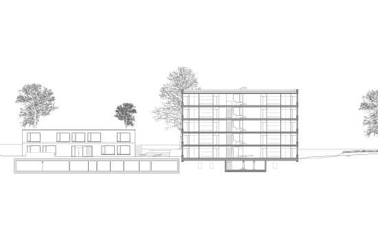 Ansicht Kindergaten, Längsschnitt Schulhaus