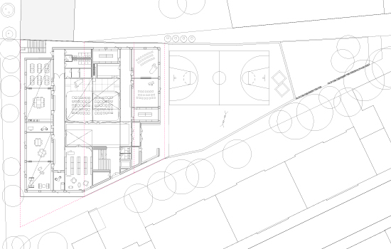1. OG: Aula, Bibliothek, Tagesstruktur / Pausenplatz