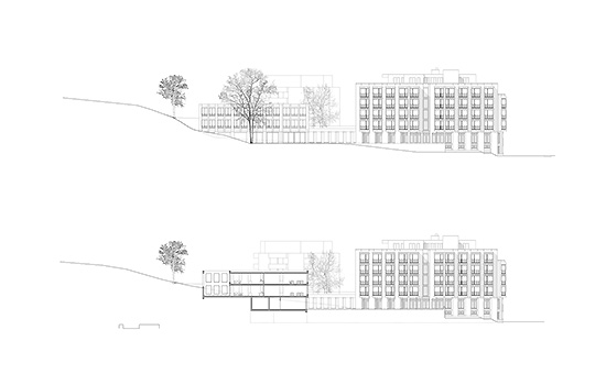 Ansicht Süd und Querschnitt Neubau