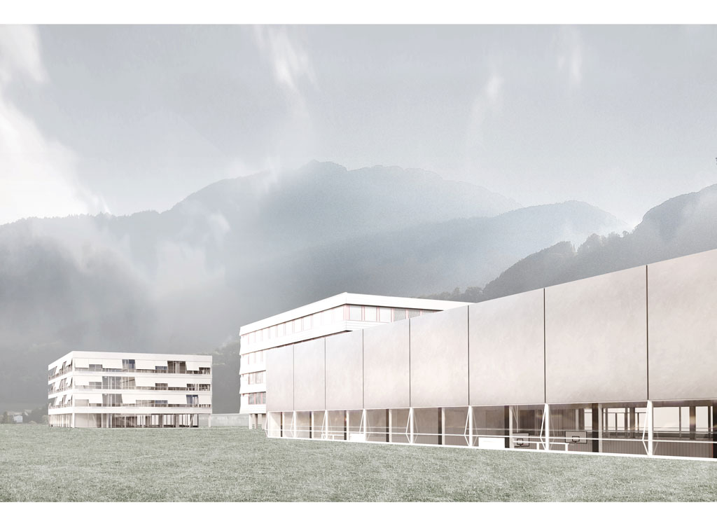 Neubau Schultrakt und Turnhalle von Nordosten